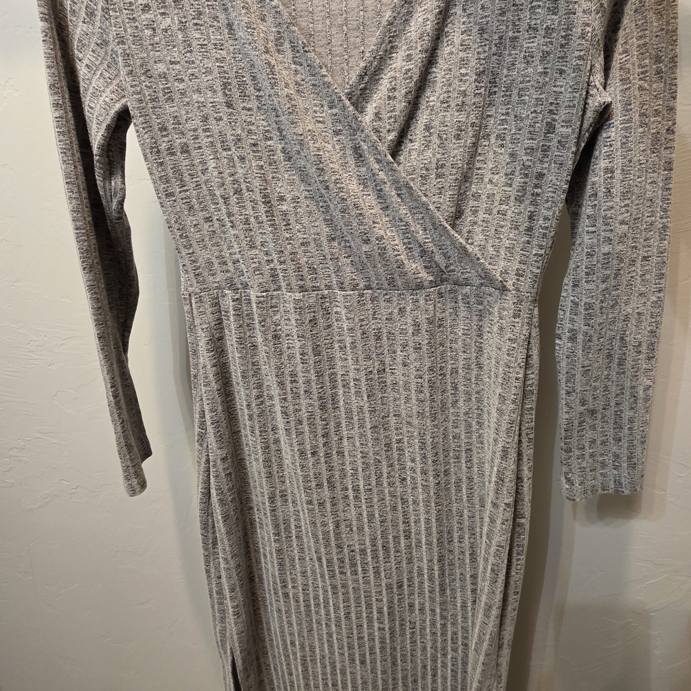 Gray Ribbed Knit Wrap Dress